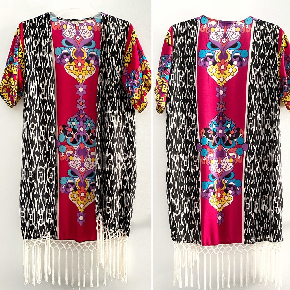 Magic summer festival kimono cover-up, pink black tribal